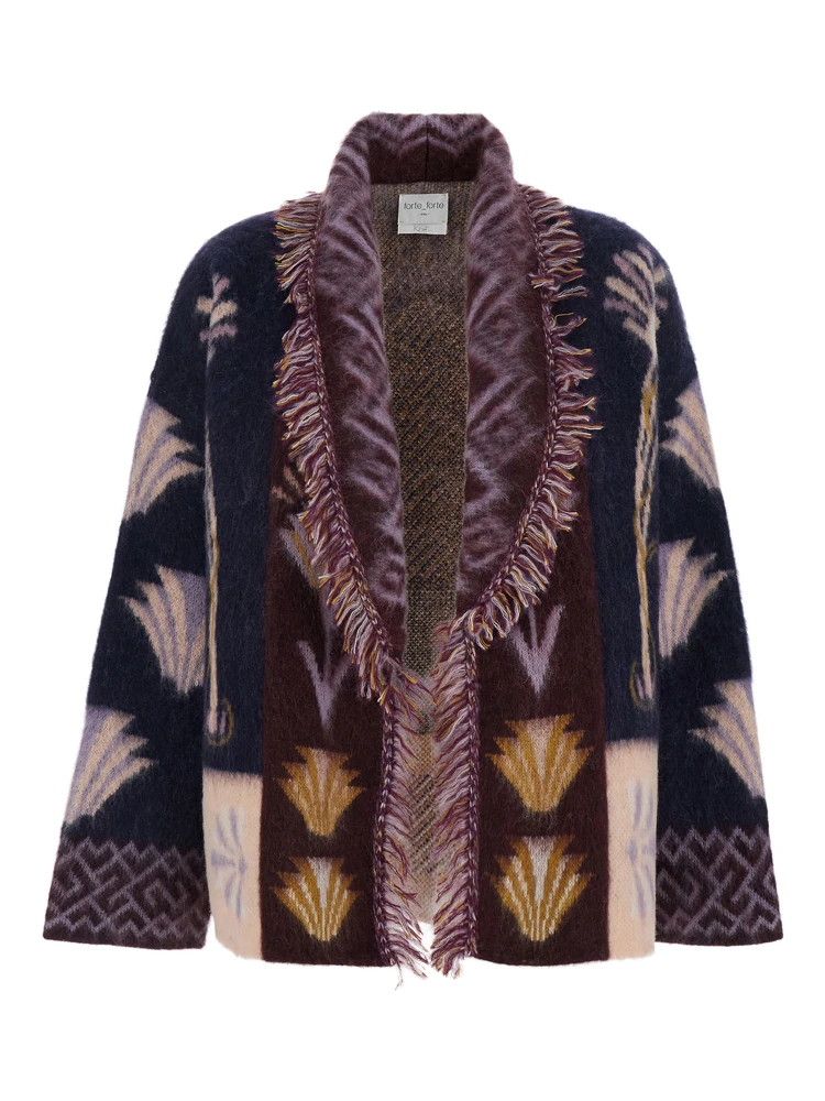 Sogni Multicolor Cardigan with Fringed Details and All-Over Geometric Motif in Wool Blend Woman