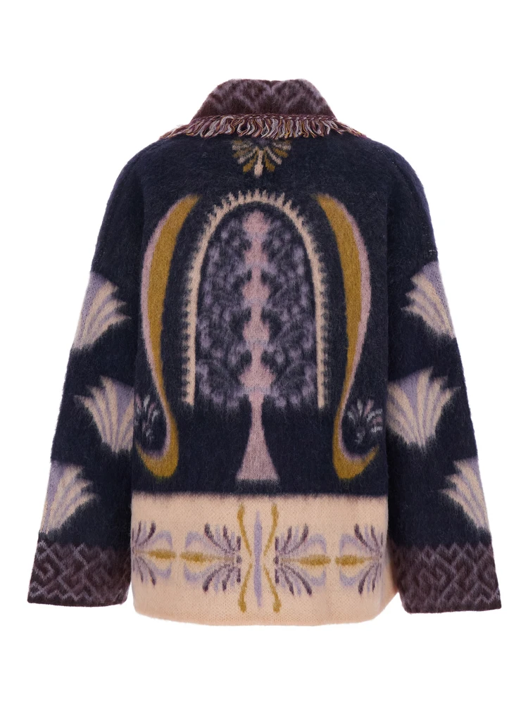 Sogni Multicolor Cardigan with Fringed Details and All-Over Geometric Motif in Wool Blend Woman alternative