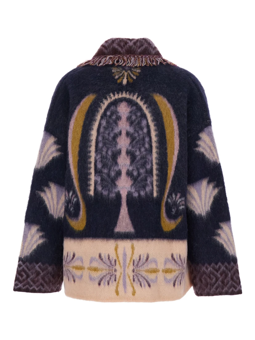 Sogni Multicolor Cardigan with Fringed Details and All-Over Geometric Motif in Wool Blend Woman