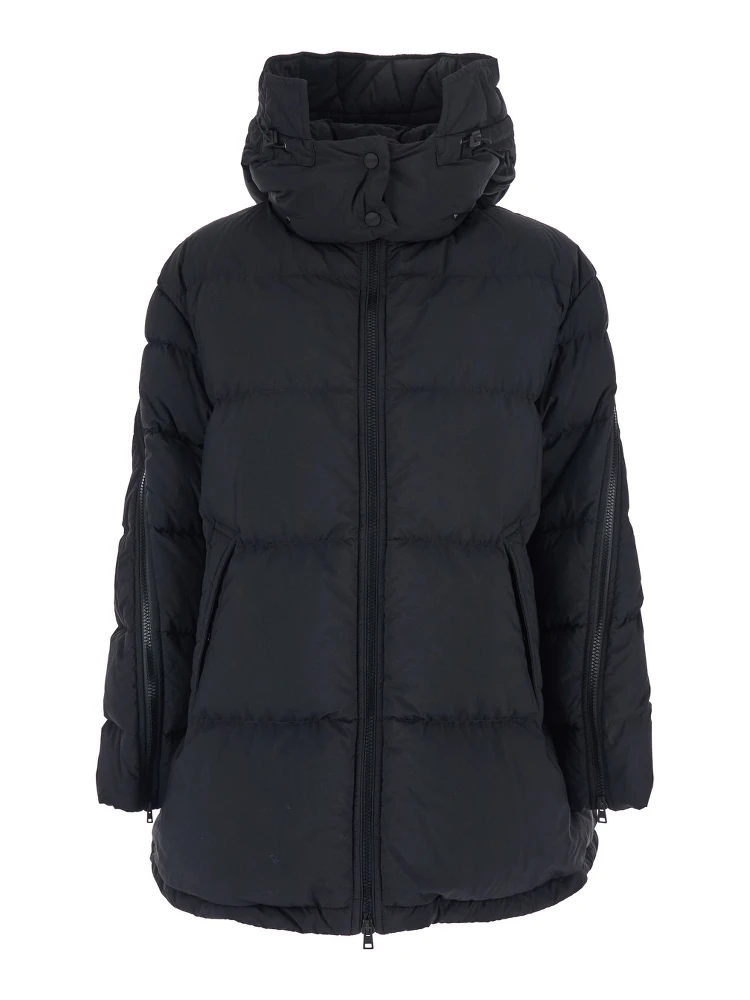 Black Down Jacket with Removable Drawstring Hood in Tech Fabric Woman