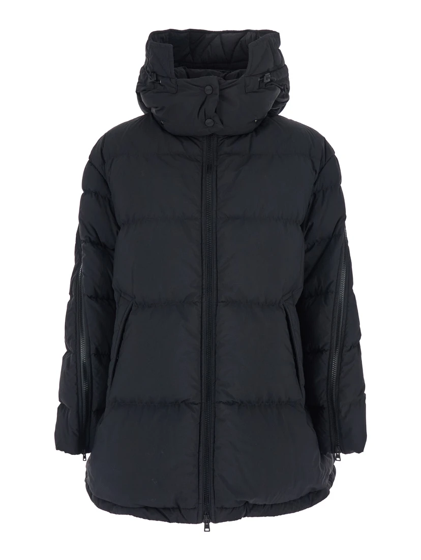 Black Down Jacket with Removable Drawstring Hood in Tech Fabric Woman
