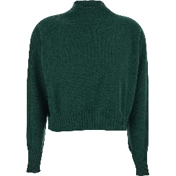 Green Turtleneck Sweater with Crop Design in Cashmere Woman