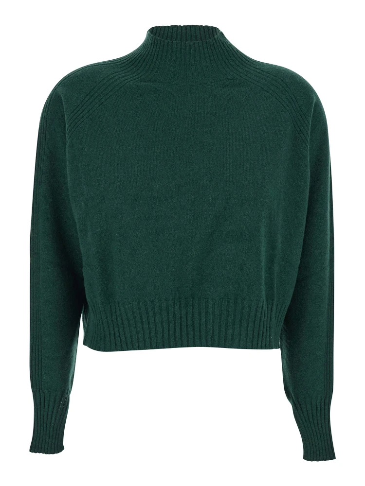 Green Turtleneck Sweater with Crop Design in Cashmere Woman