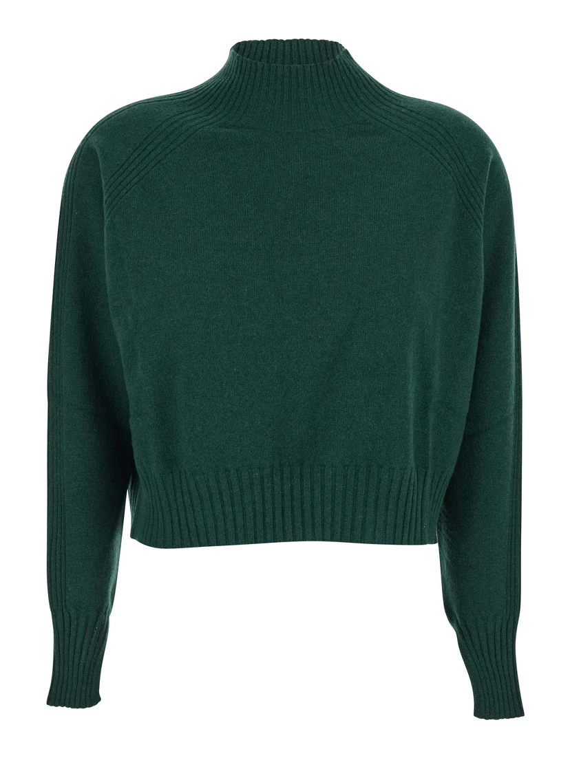 Green Turtleneck Sweater with Crop Design in Cashmere Woman
