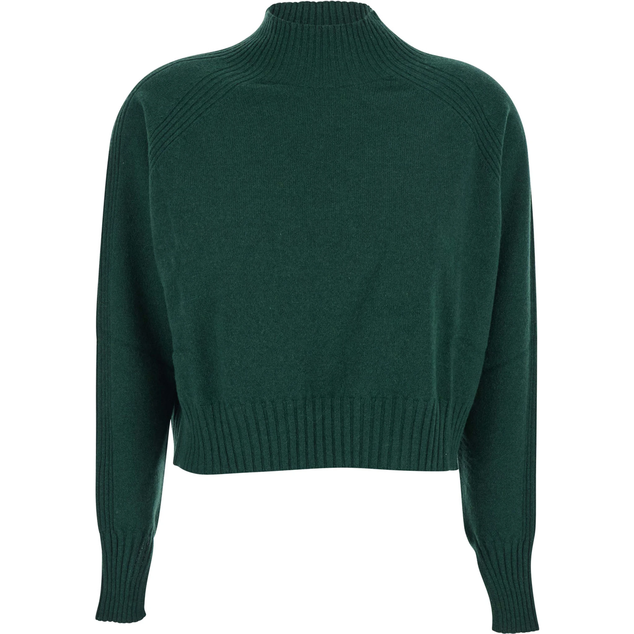 Green Turtleneck Sweater with Crop Design in Cashmere Woman