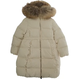 Beige Down Jacket with Fixed Hood and Logo Lettering Embroidery on the Sleeve in Tech Fabric Girl