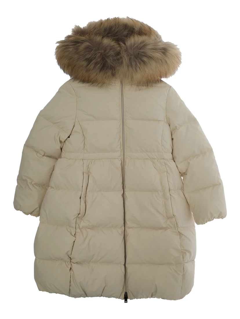 Beige Down Jacket with Fixed Hood and Logo Lettering Embroidery on the Sleeve in Tech Fabric Girl