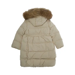 Beige Down Jacket with Fixed Hood and Logo Lettering Embroidery on the Sleeve in Tech Fabric Girl
