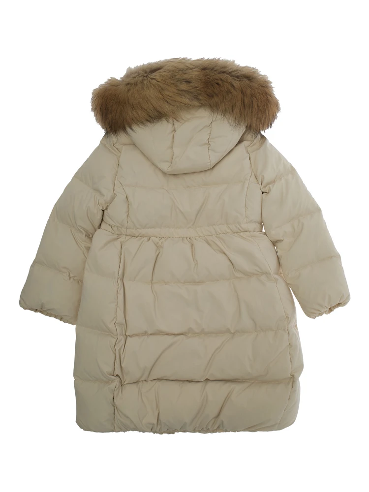 Beige Down Jacket with Fixed Hood and Logo Lettering Embroidery on the Sleeve in Tech Fabric Girl alternative