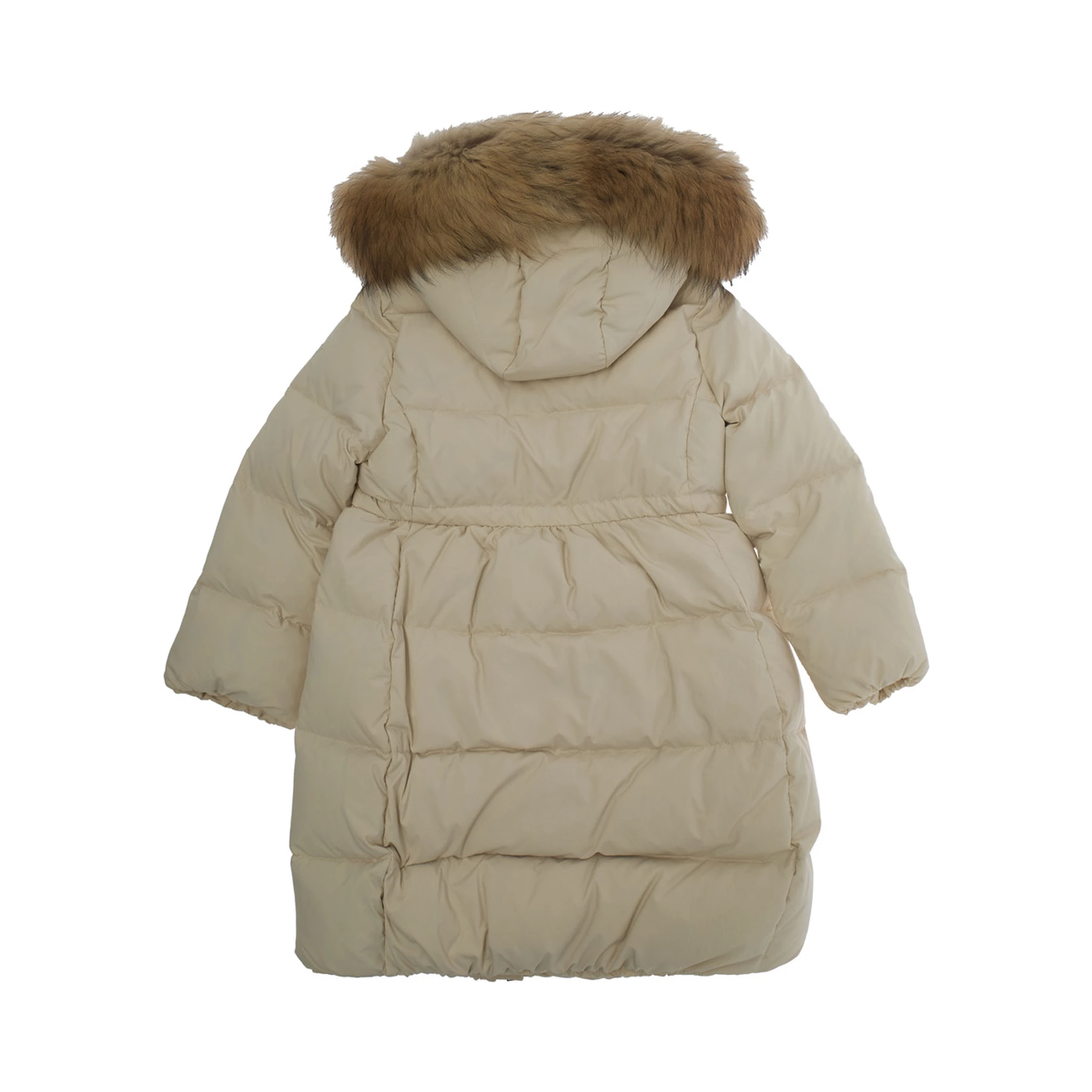 Beige Down Jacket with Fixed Hood and Logo Lettering Embroidery on the Sleeve in Tech Fabric Girl
