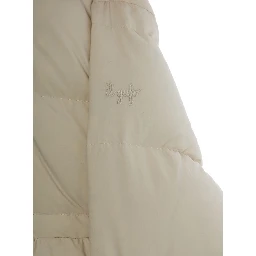 Beige Down Jacket with Fixed Hood and Logo Lettering Embroidery on the Sleeve in Tech Fabric Girl