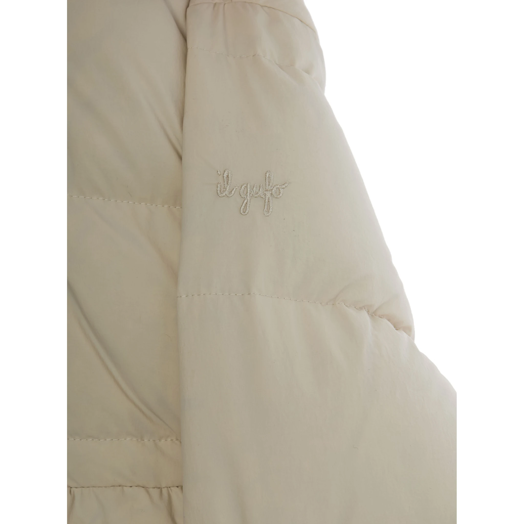 Beige Down Jacket with Fixed Hood and Logo Lettering Embroidery on the Sleeve in Tech Fabric Girl