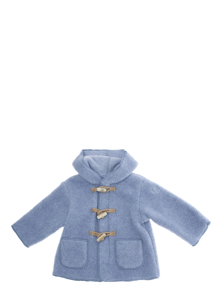 Blue Jacket with Fixed Hood and Logo Lettering Embroidery on the Sleeve in Tech Fabric Baby