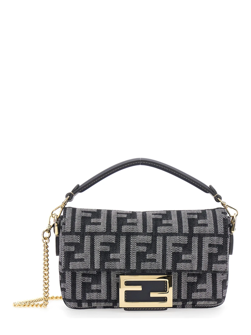 Baguette Blue Handbag with Chain-Link Removable Shoulder Strap and All-Over FF Motif in Denim Woman