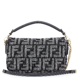 Baguette Blue Handbag with Chain-Link Removable Shoulder Strap and All-Over FF Motif in Denim Woman