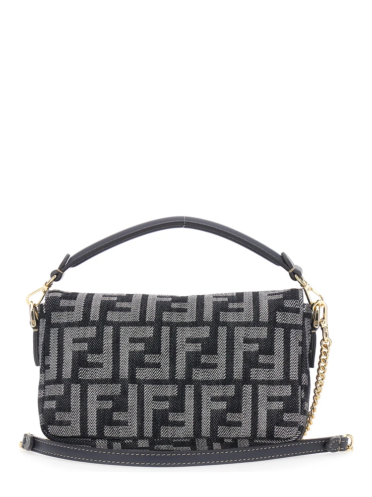 Baguette Blue Handbag with Chain-Link Removable Shoulder Strap and All-Over FF Motif in Denim Woman alternative