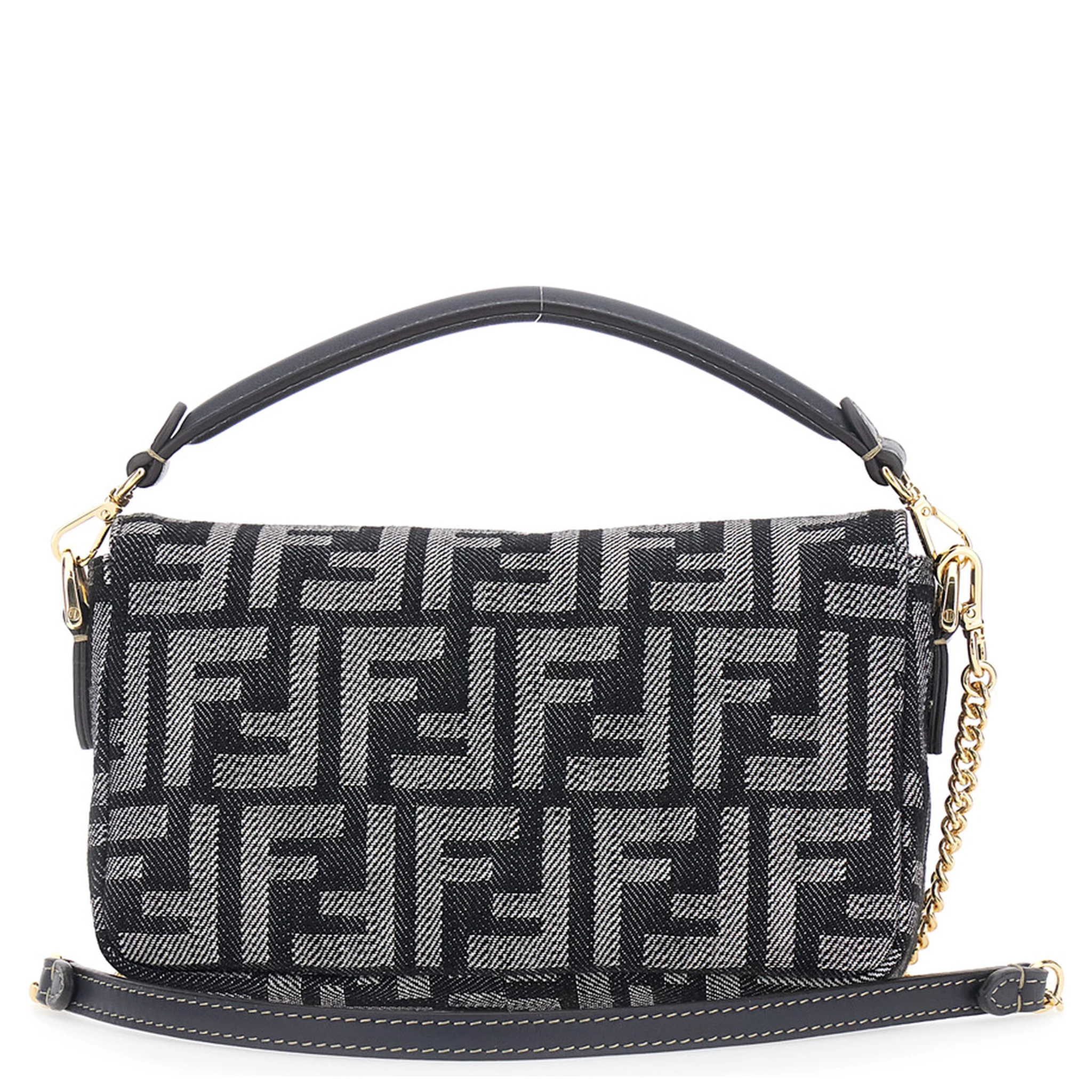 Baguette Blue Handbag with Chain-Link Removable Shoulder Strap and All-Over FF Motif in Denim Woman