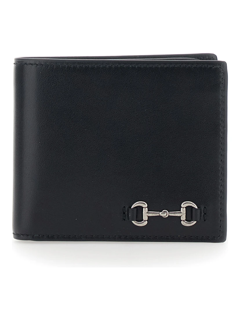 Black Bi-Fold Wallet with Horsebit on the Front and Embossed Logo on the Inside in Leather Man