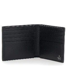 Black Bi-Fold Wallet with Horsebit on the Front and Embossed Logo on the Inside in Leather Man