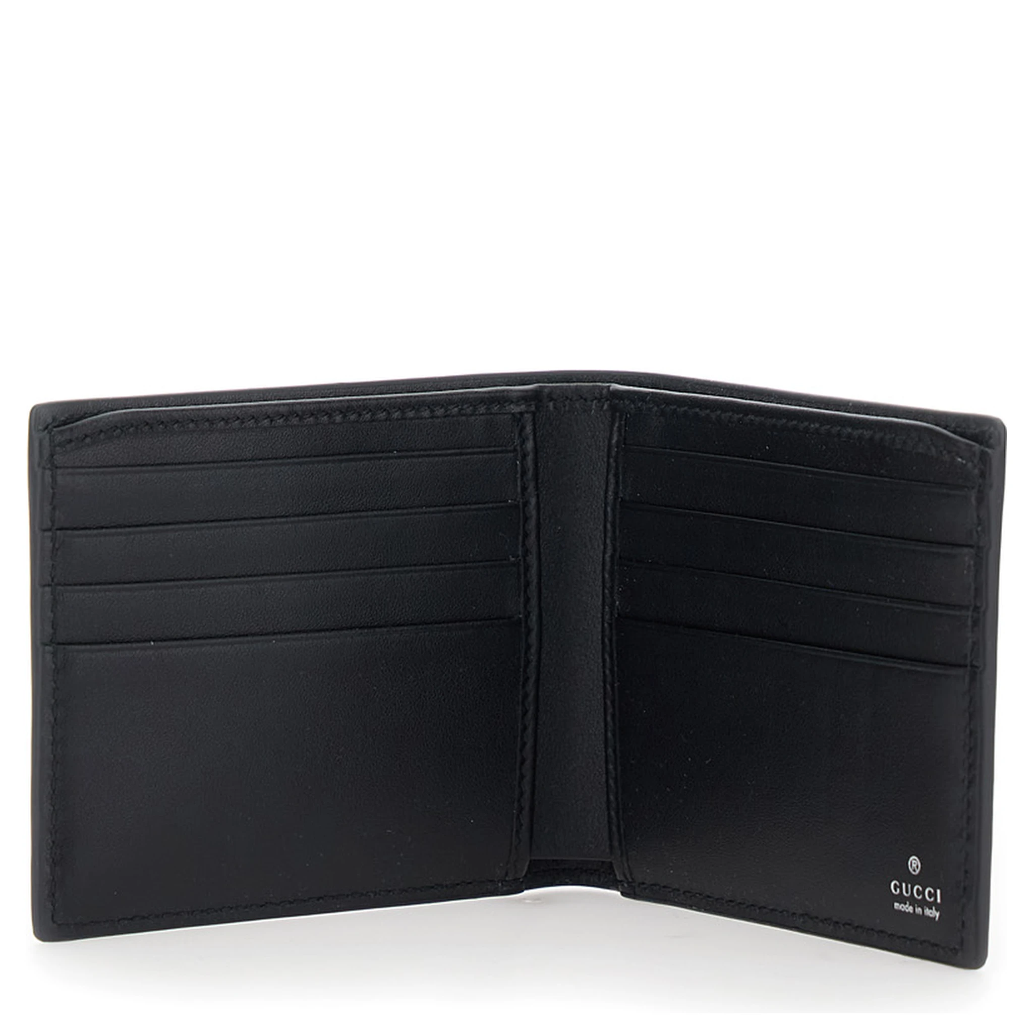 Black Bi-Fold Wallet with Horsebit on the Front and Embossed Logo on the Inside in Leather Man
