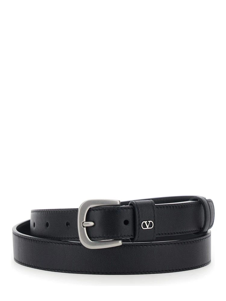 Black Belt with Front Buckle Closure and VLogo Plaque on the Loop in Leather Man