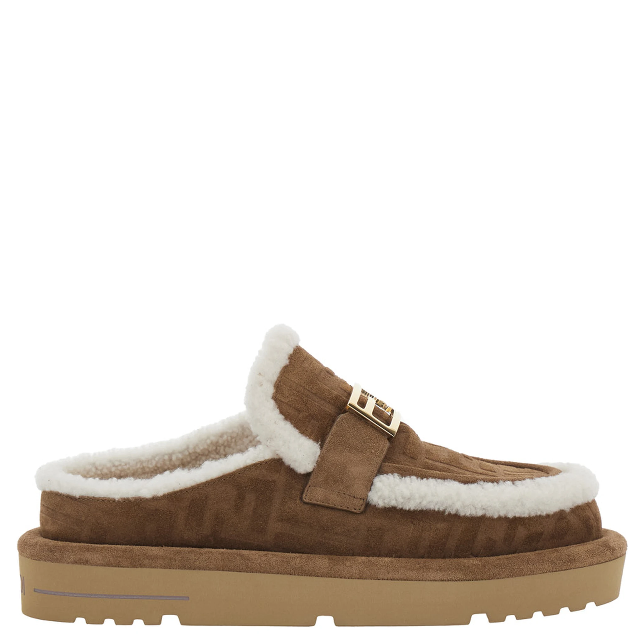Beige Mules with Logo Lettering on the Rear and FF Buckle in Suede Woman