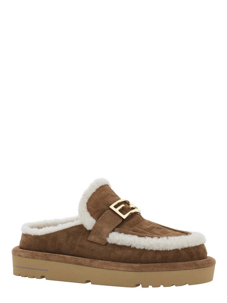 Beige Mules with Logo Lettering on the Rear and FF Buckle in Suede Woman alternative