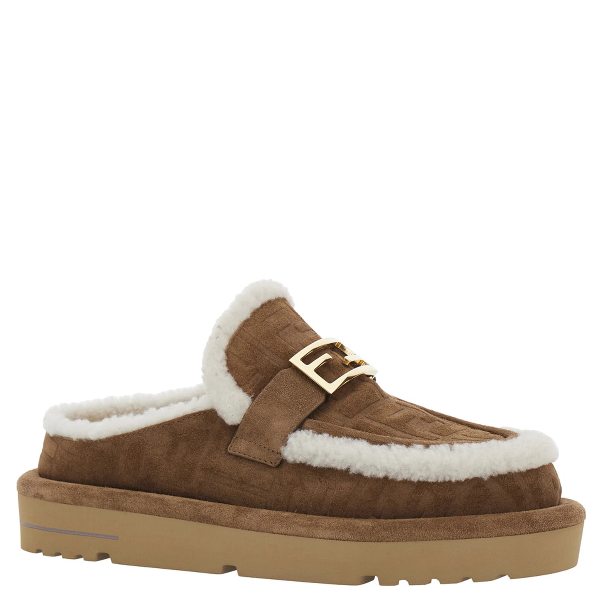 Beige Mules with Logo Lettering on the Rear and FF Buckle in Suede Woman