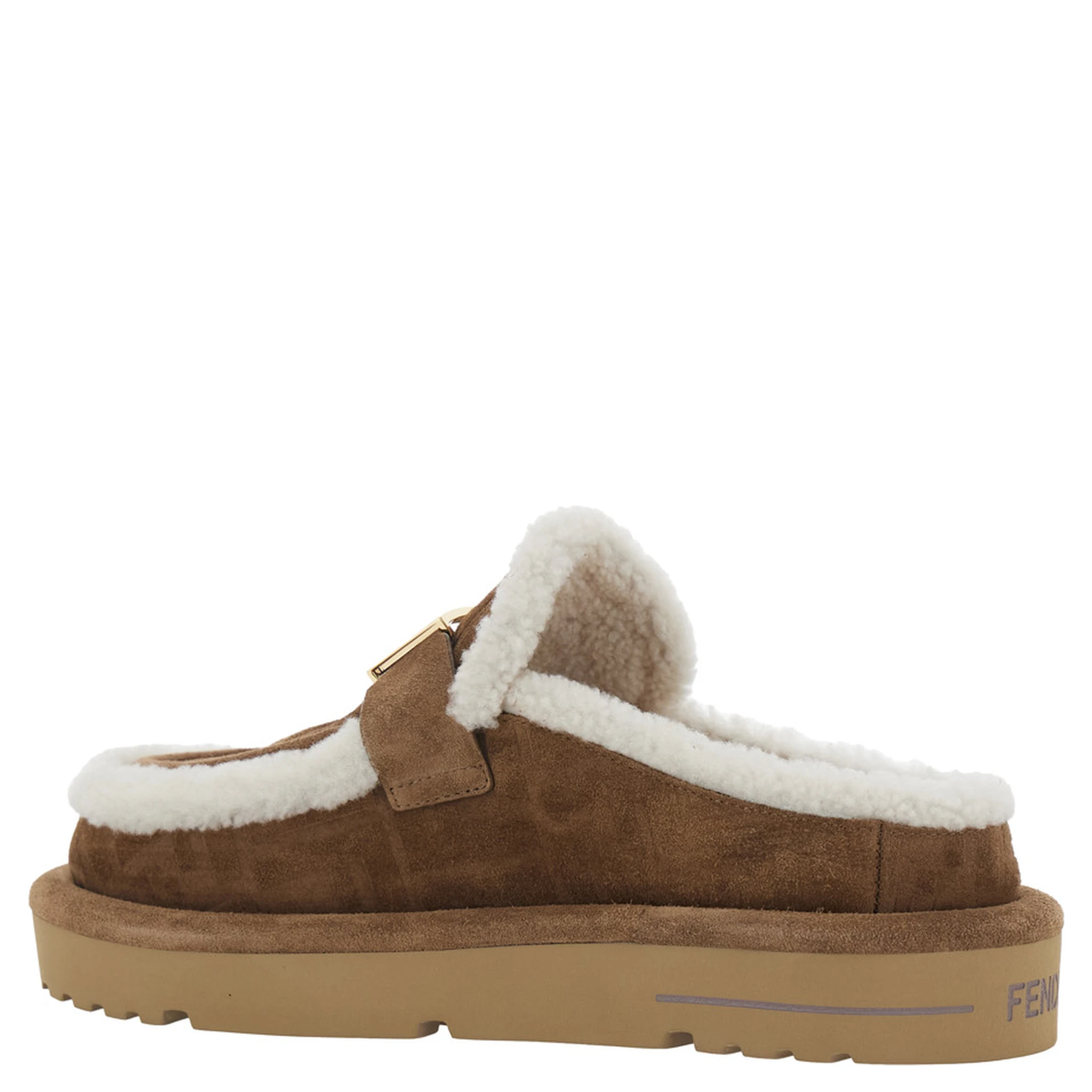 Beige Mules with Logo Lettering on the Rear and FF Buckle in Suede Woman
