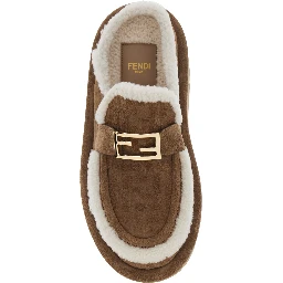 Beige Mules with Logo Lettering on the Rear and FF Buckle in Suede Woman