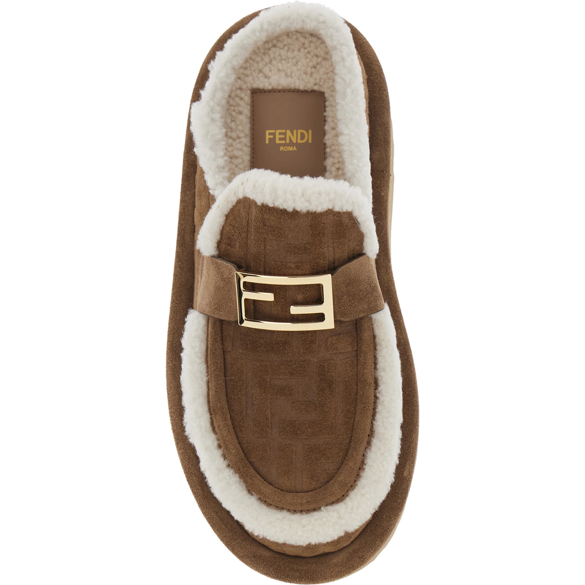 Beige Mules with Logo Lettering on the Rear and FF Buckle in Suede Woman