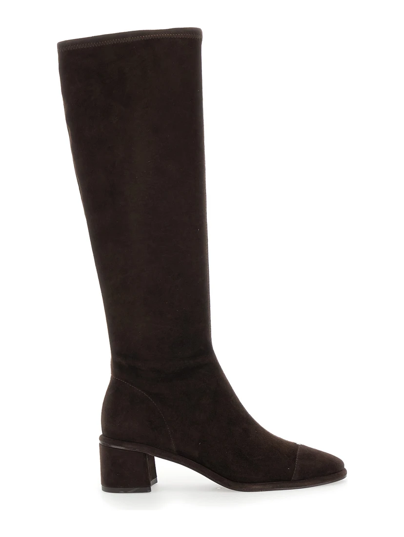 Brown Knee-High Boots with Block Heel in Suede Woman