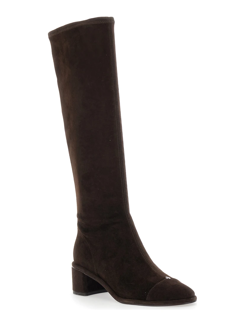 Brown Knee-High Boots with Block Heel in Suede Woman
