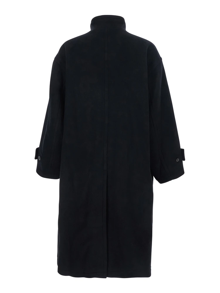 Black Coat with High Neck and Belted Cuffs in Wool Man alternative