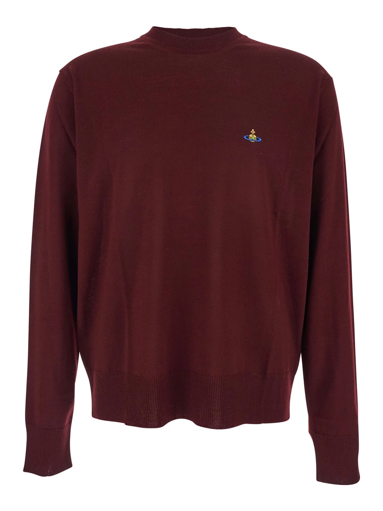 Bordeaux Crew Neck Sweater with Dropped Shoulders and Orb Logo on the Front in Wool Blend Man