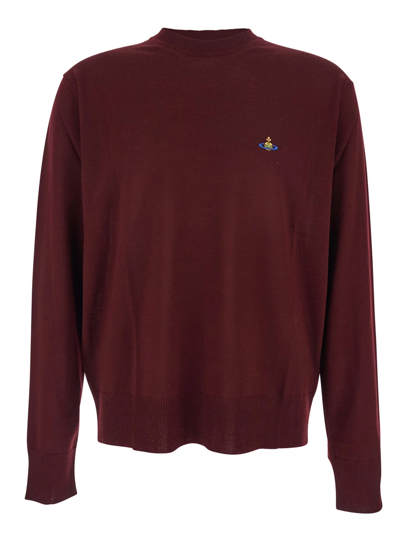 Bordeaux Crew Neck Sweater with Dropped Shoulders and Orb Logo on the Front in Wool Blend Man