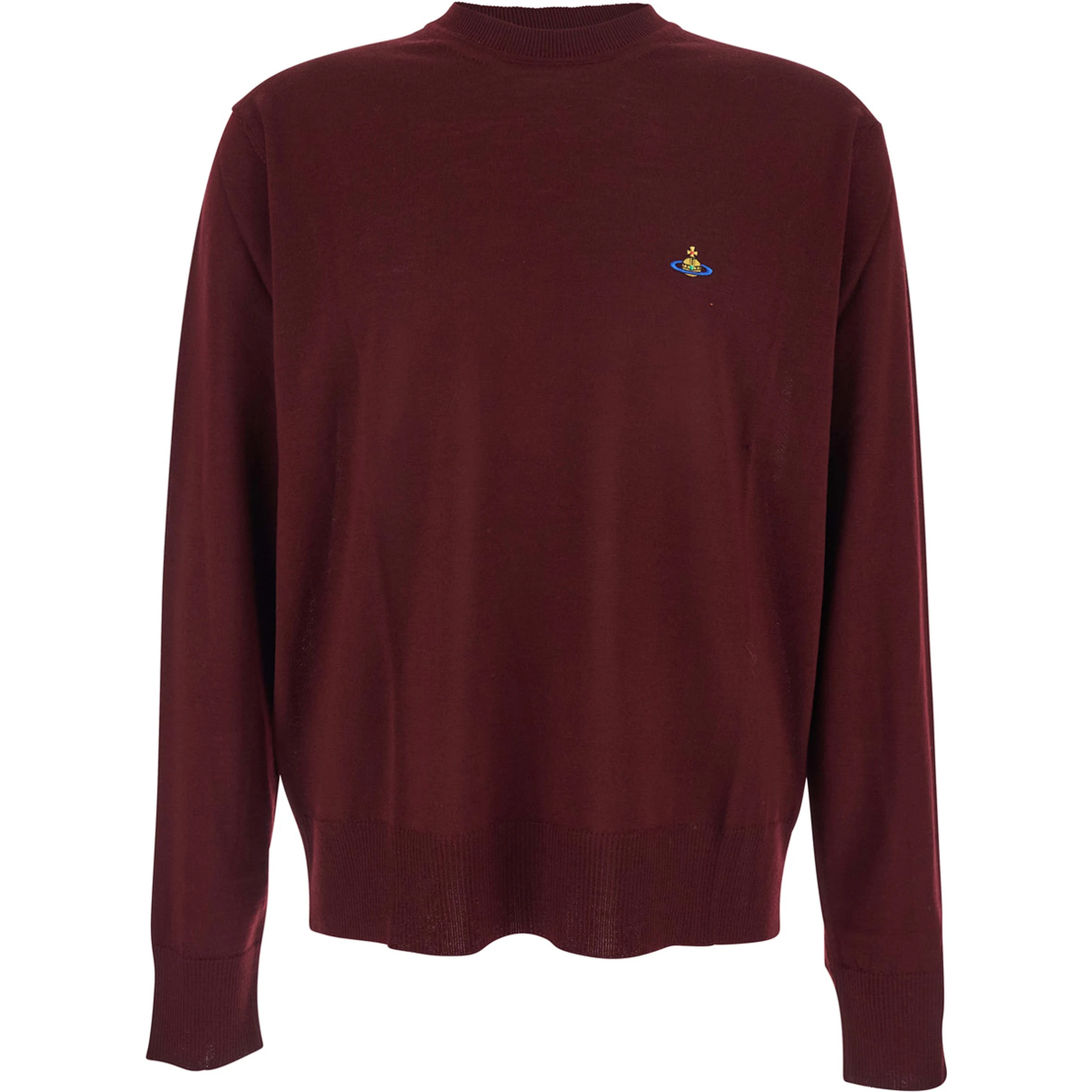 Bordeaux Crew Neck Sweater with Dropped Shoulders and Orb Logo on the Front in Wool Blend Man