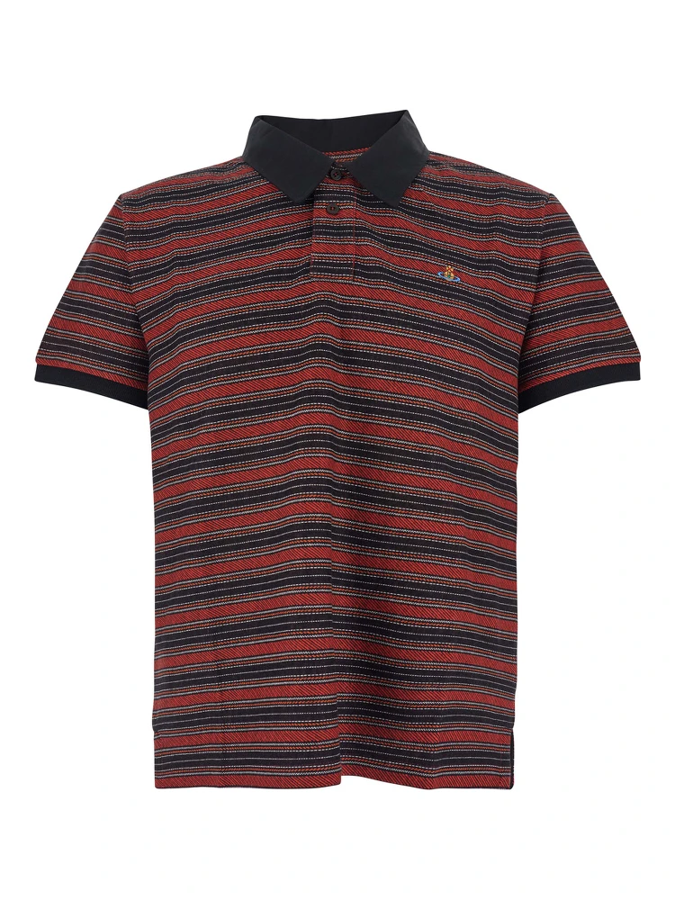 Multicolor Polo Shirt with Orb Decoration on the Chest and All-Over Stripes Motif in Cotton Man