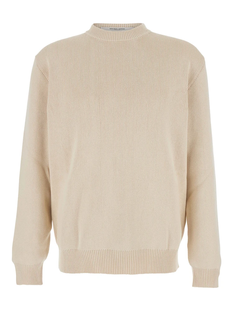 Beige Ribbed Knit Crewneck Sweater with Logo Lettering on the Rear in Cotton Stretch Man