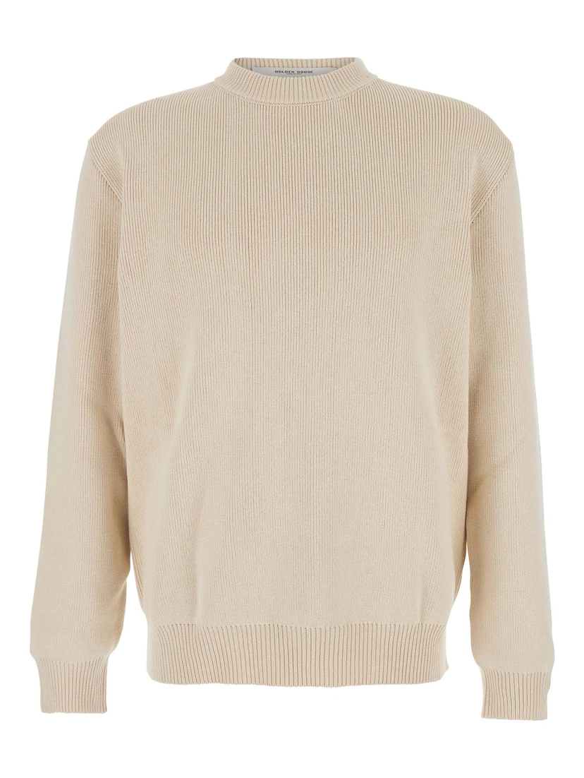Beige Ribbed Knit Crewneck Sweater with Logo Lettering on the Rear in Cotton Stretch Man
