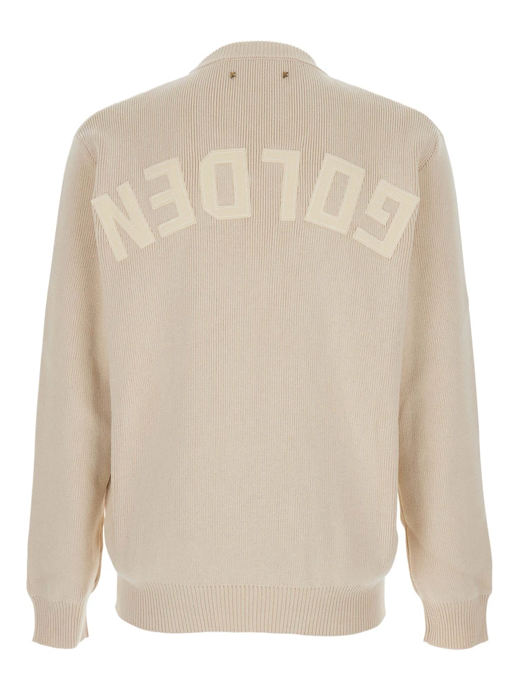 Beige Ribbed Knit Crewneck Sweater with Logo Lettering on the Rear in Cotton Stretch Man alternative