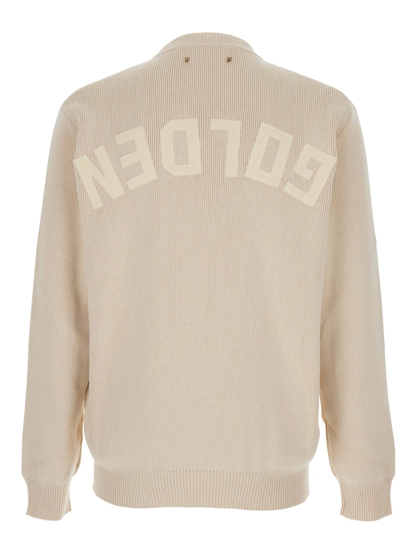 Beige Ribbed Knit Crewneck Sweater with Logo Lettering on the Rear in Cotton Stretch Man