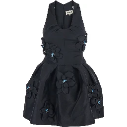 Black Sleeveless Pleated Dress with Round Neck and Floral Embroidery in Fabric Woman