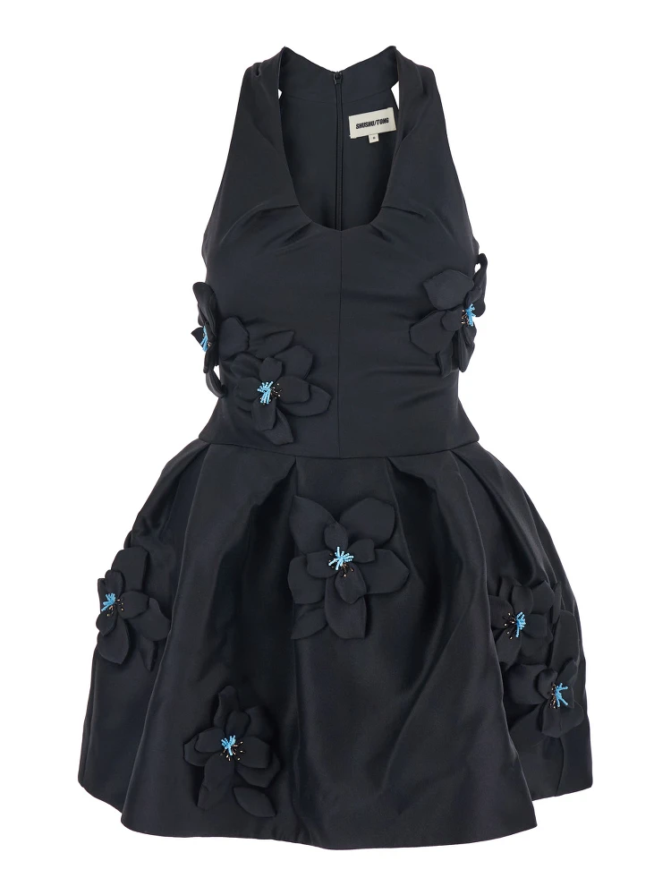 Black Sleeveless Pleated Dress with Round Neck and Floral Embroidery in Fabric Woman