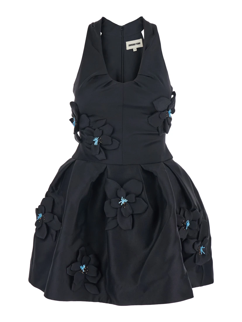 Black Sleeveless Pleated Dress with Round Neck and Floral Embroidery in Fabric Woman