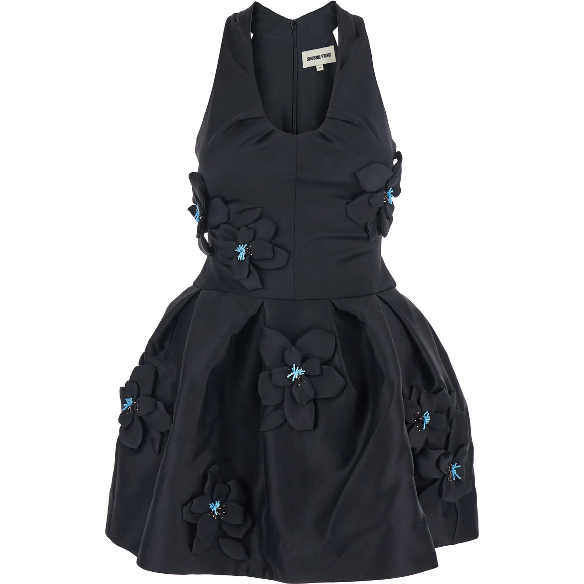Black Sleeveless Pleated Dress with Round Neck and Floral Embroidery in Fabric Woman