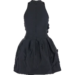 Black Sleeveless Pleated Dress with Round Neck and Floral Embroidery in Fabric Woman