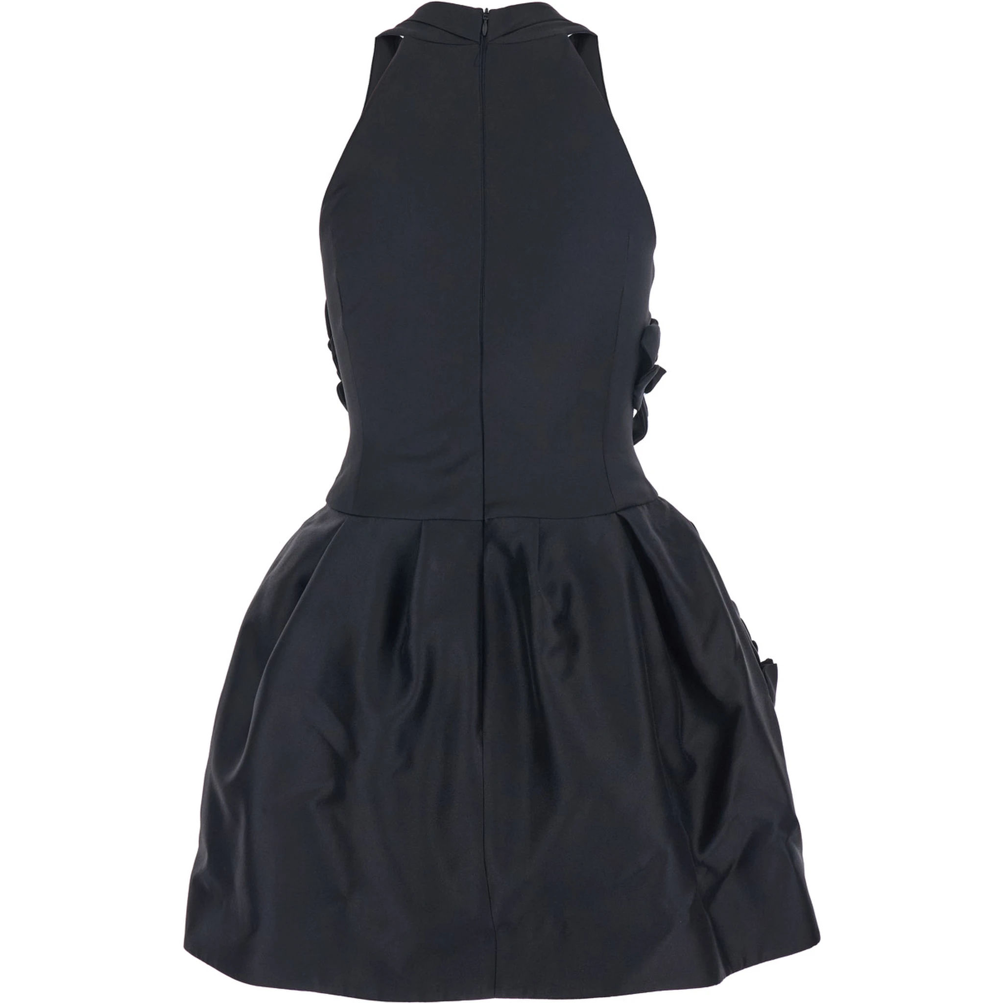 Black Sleeveless Pleated Dress with Round Neck and Floral Embroidery in Fabric Woman