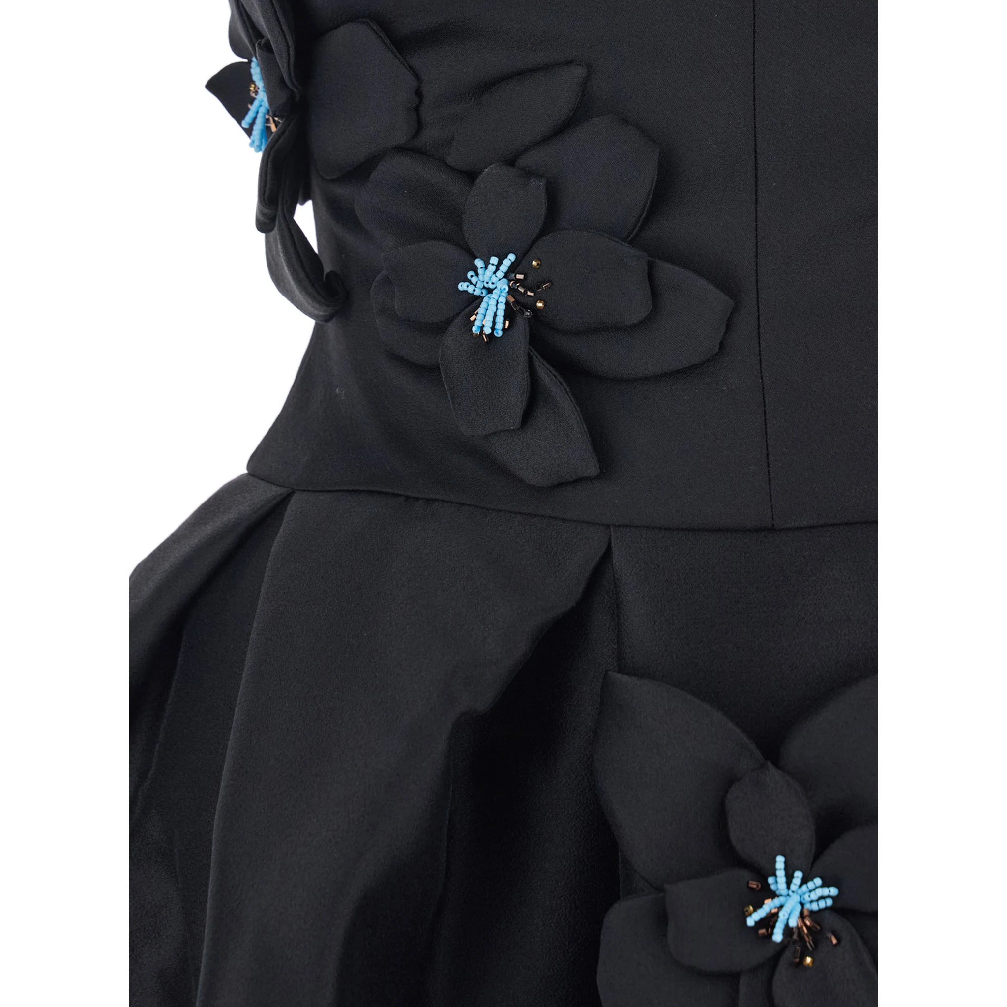 Black Sleeveless Pleated Dress with Round Neck and Floral Embroidery in Fabric Woman