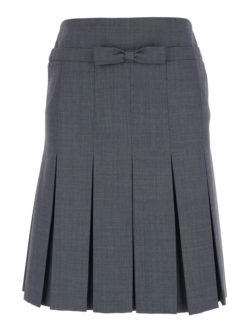 Grey Pleated Skirt with Bow on the Front and Rear Concealed Zip Closure in Cotton Blend Woman